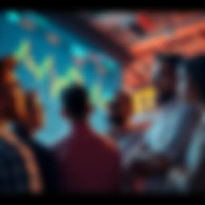 A group of diverse investors looking at a digital screen displaying ETH price charts, showing a significant drop in value. They appear thoughtful and hopeful for the future.