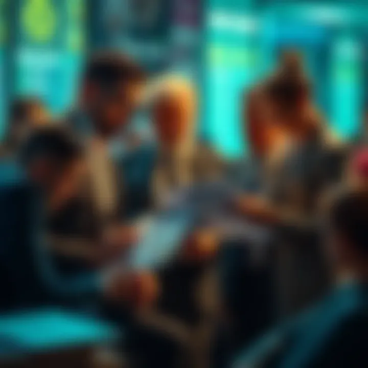 Investors Filing Lawsuit A group of disappointed investors discussing a lawsuit against cryptocurrency exchanges, looking frustrated with paperwork and legal documents in hand.