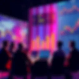 Group of investors talking about funding for AI companies, with charts and graphs showing financial data in the background.