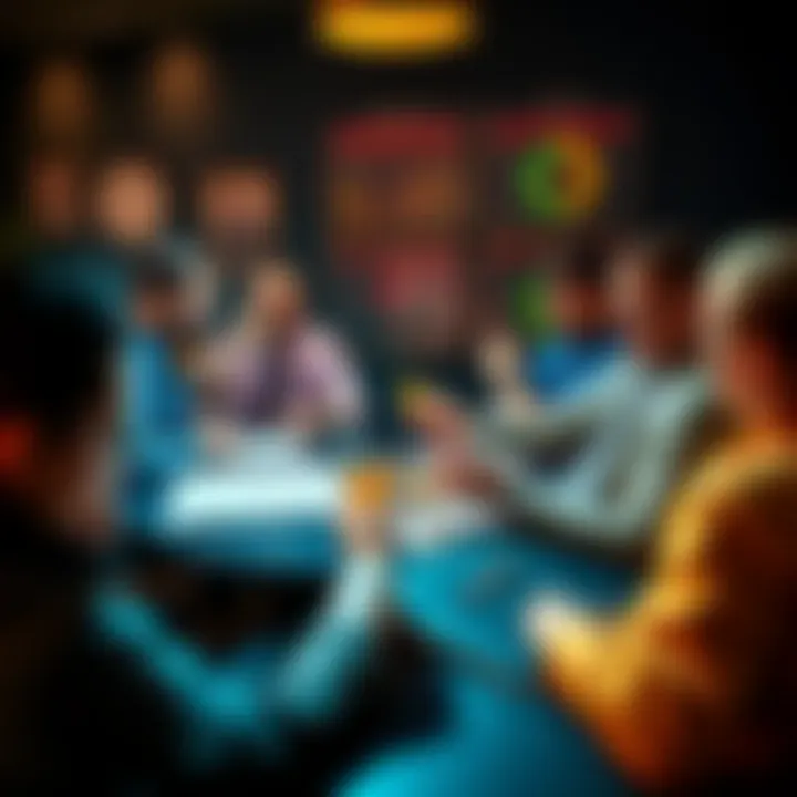 A group of investors sitting around a table with altcoins and charts, showing signs of confidence and patience amidst market dips.