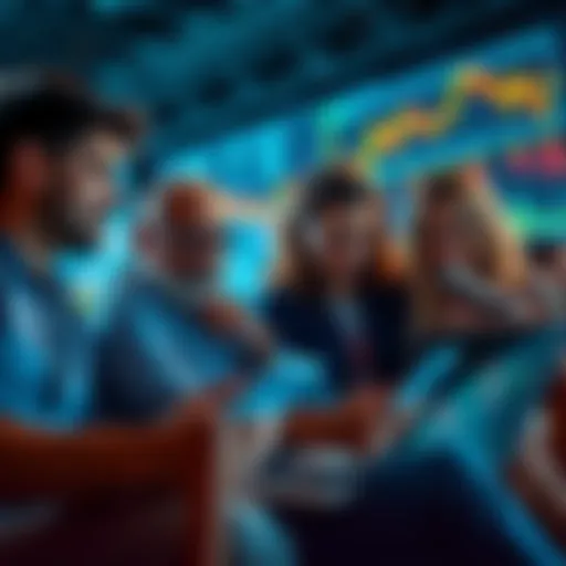 A group of investors examining financial charts and data on laptops, showing optimism and engagement in the market