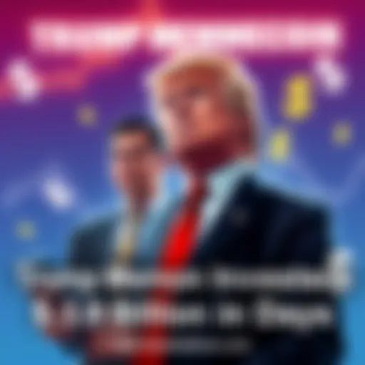 A graphic showing sad investors looking at charts with falling cryptocurrency values, representing losses in the $TRUMP memecoin, while Trump stands confidently with dollar signs around him.