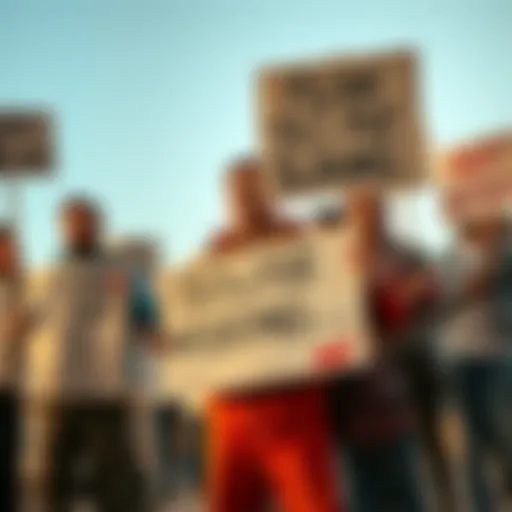 A group of investors stands with signs that feature scornful slogans aimed at non-investors, showcasing a culture of ridicule in investing.