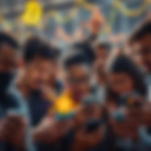 A group of diverse people showing emotions of fear and hope while looking at Bitcoin prices on their devices during a market crash.