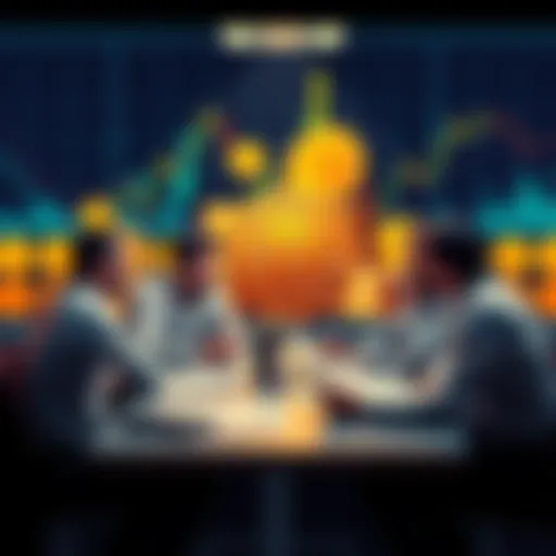 A group of investors sitting around a table, discussing financial charts and reports with Bitcoin coins in the background.