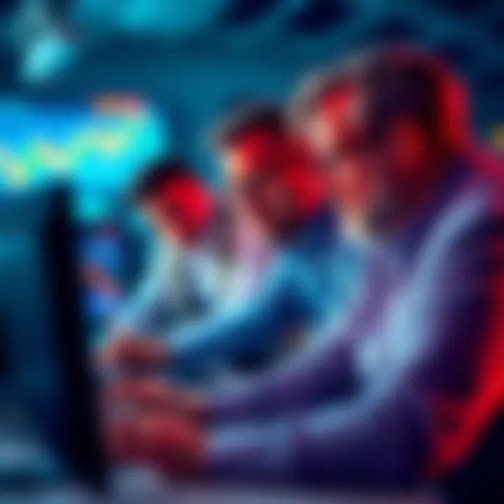 A group of seasoned investors analyzing charts and data on a computer during a market downturn, illustrating calmness despite chaos.