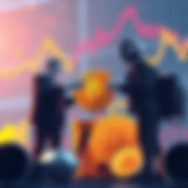 Illustration showing investors exchanging Bitcoin symbols for AI stock symbols and SpaceX shares with a graph indicating market changes in the background