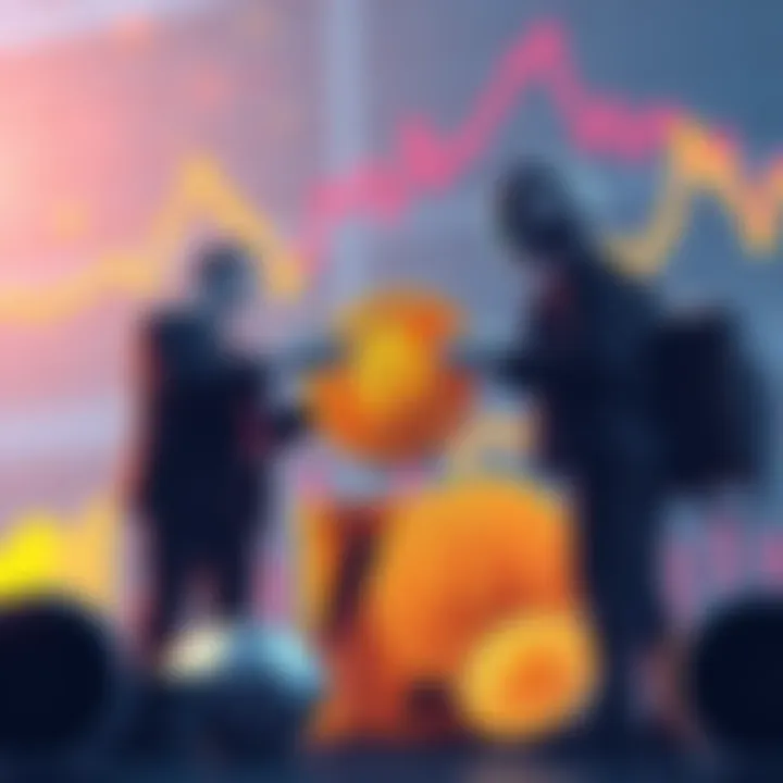 Illustration showing investors exchanging Bitcoin symbols for AI stock symbols and SpaceX shares with a graph indicating market changes in the background