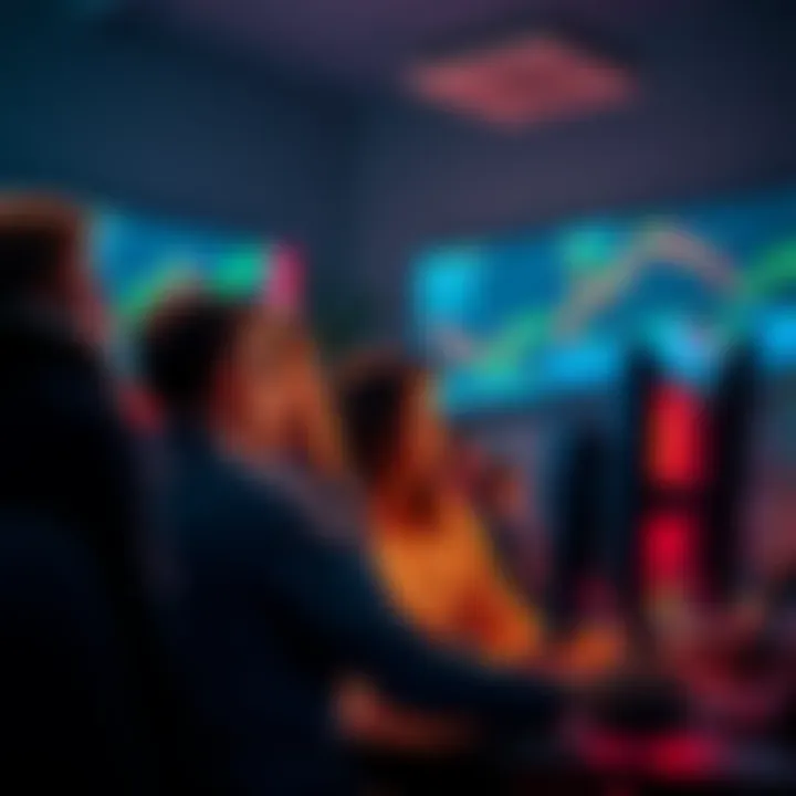 Group of concerned investors staring at computer screens showing rising market charts, symbolizing FOMO after selling at low prices.