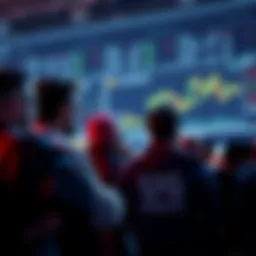 A group of concerned investors observing financial charts and news about a Ponzi scheme nearing $60B in value.