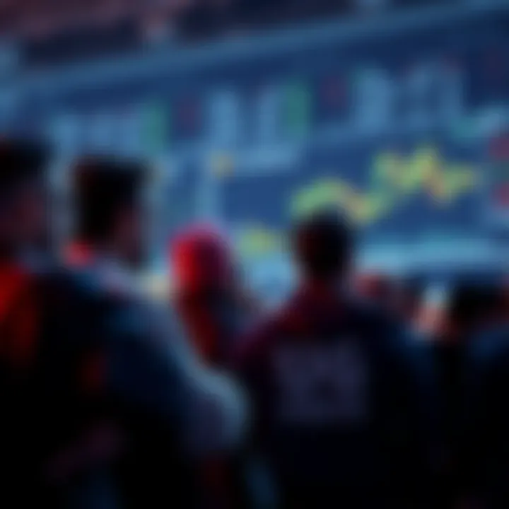 A group of concerned investors observing financial charts and news about a Ponzi scheme nearing $60B in value.