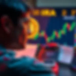 A person considering financial options, with a chart showing Bitcoin prices and IRA paperwork in the background.