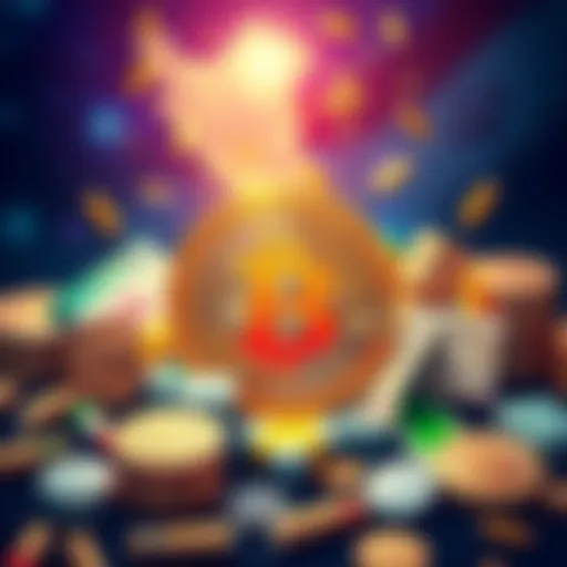 An illustration showing a Bitcoin symbol surrounded by Iranian currency and trade items, symbolizing Iran's use of Bitcoin in response to sanctions.