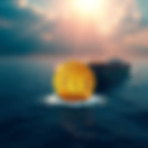 A shipping vessel in the Strait of Hormuz with Bitcoin logo, symbolizing Iran's acceptance of cryptocurrency for transit fees.