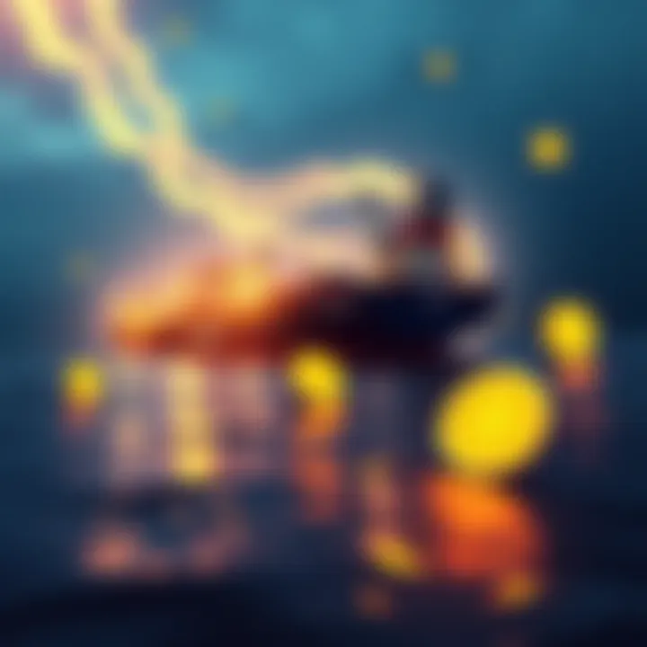 An illustration showing oil tankers in the Strait of Hormuz with Bitcoin symbols, highlighting Iran's new toll system for oil shipments using cryptocurrency.