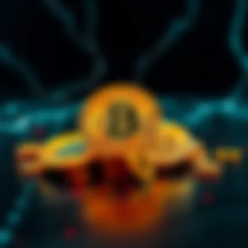 Graphic showing symbols of cryptocurrency with a blackout background, representing Iran's transfer of funds during power outage