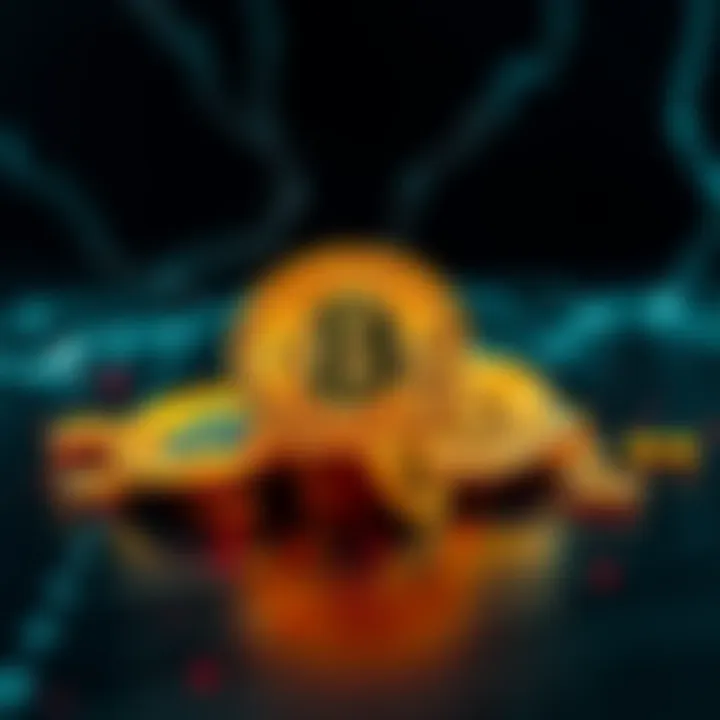 Graphic showing symbols of cryptocurrency with a blackout background, representing Iran's transfer of funds during power outage