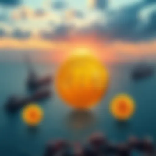 A view of the Strait of Hormuz with cargo ships and Bitcoin symbols representing Iran's earnings from tolls.