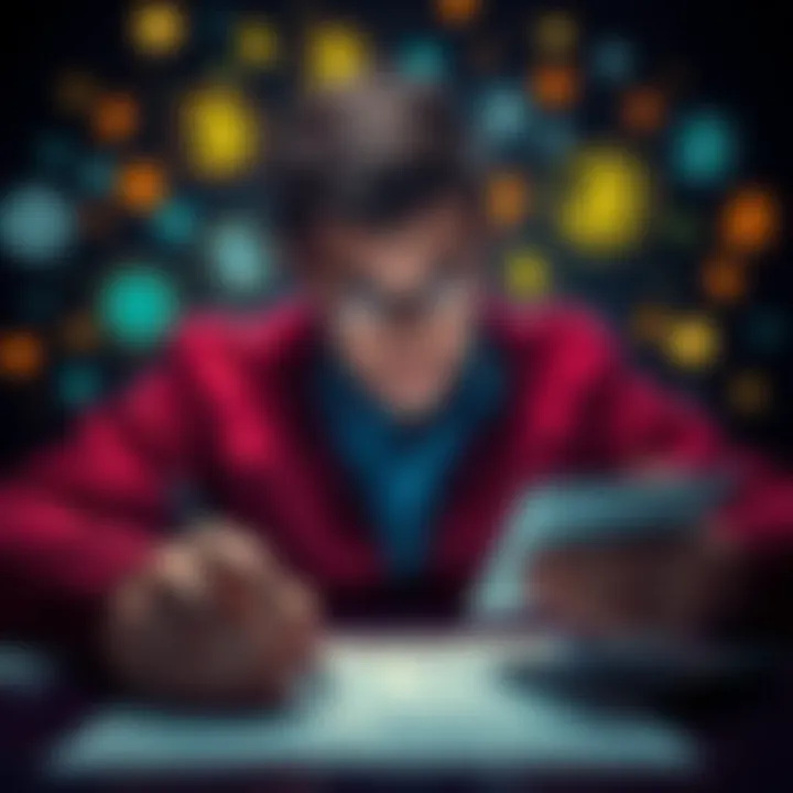 A person filling out a form for IRS crypto auditing, surrounded by digital currency symbols and a calculator, expressing concern.