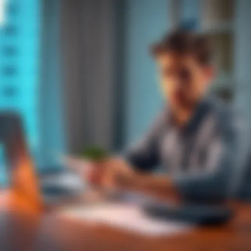 A person looking worried while reviewing IRS tax forms related to cryptocurrency on a desk with a laptop and calculator.