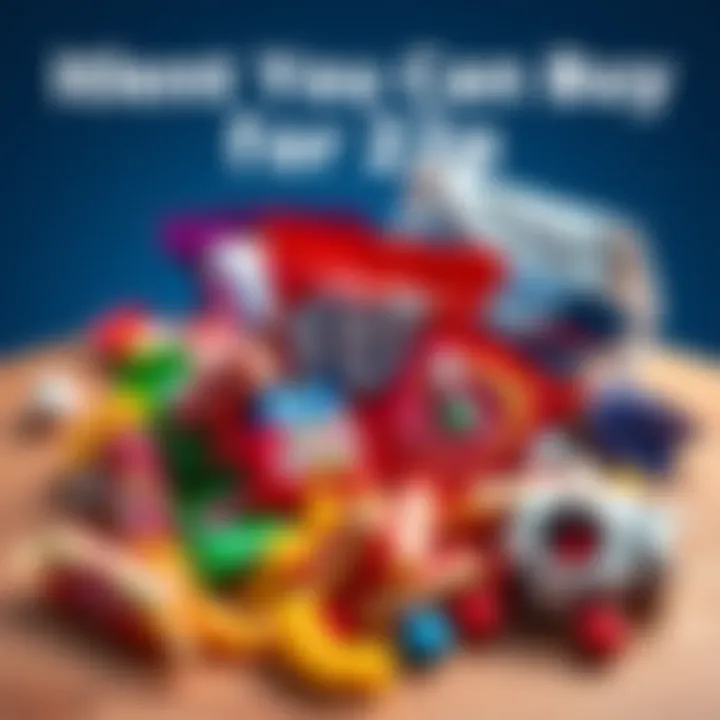 A handful of small treats like candies and snacks that can be purchased for 22p, showcasing everyday items available for a low cost.