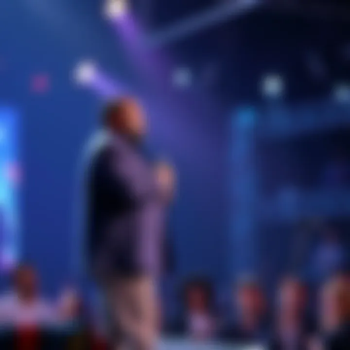 Jakal standing on stage with a microphone, addressing a shocked audience.