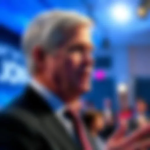 Jamie Dimon, CEO of JPMorgan, speaking at a conference, expressing concerns about bitcoin investments, with a focused expression and audience in the background.