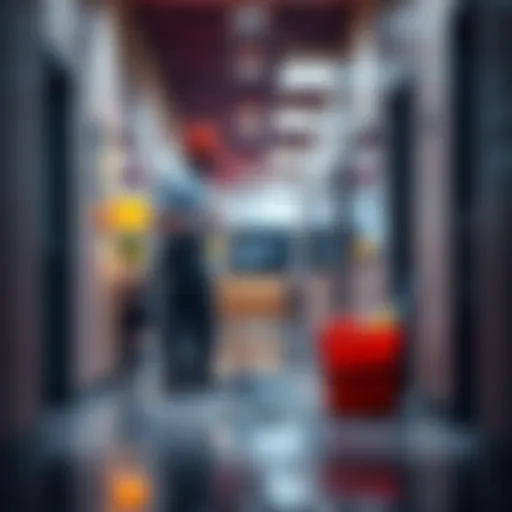 A janitor in uniform cleaning an office space with a mop and bucket, showcasing the importance of cleaning jobs in the future workforce.