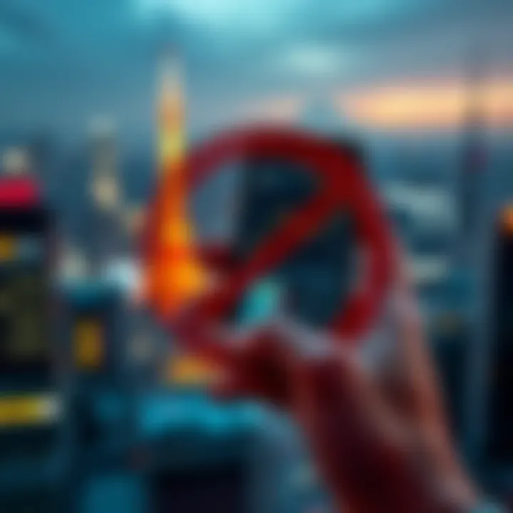 Japan Crypto Ban A person holding a smartphone showing cryptocurrency graphs, with a backdrop of the Tokyo skyline and a prohibition sign overlay, symbolizing Japan's crypto insider trading ban.