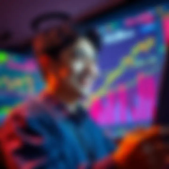 A 32-year-old Japanese trader smiles while looking at financial charts showing massive gains from cryptocurrency investments.
