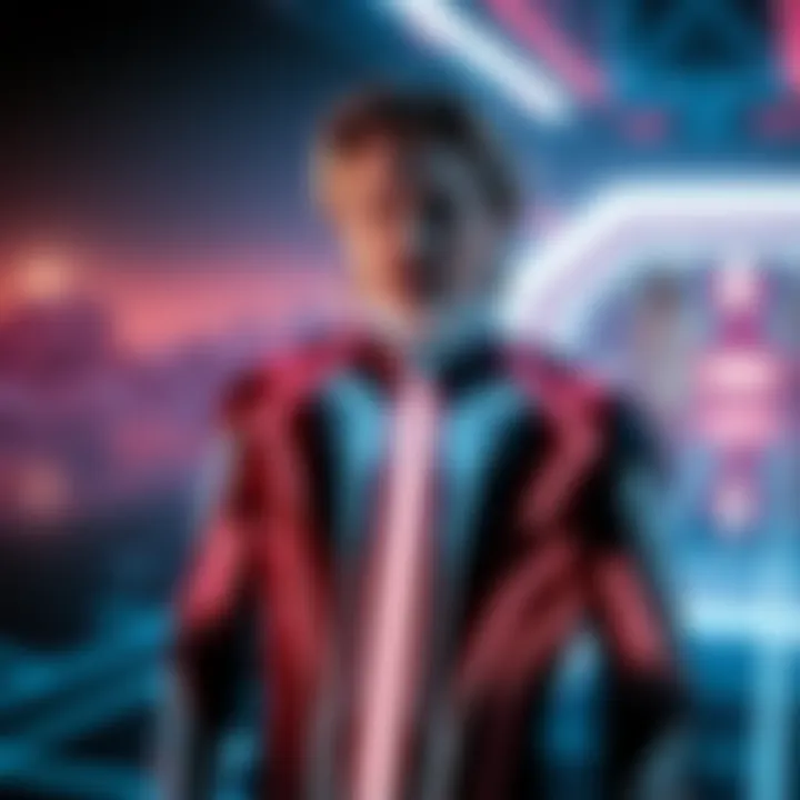 Jeff Bridges as Kevin Flynn in the original Tron movie, wearing a futuristic suit and standing in a digital landscape, showcasing his role before he became a star