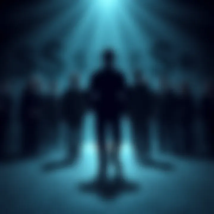 A dark silhouette of a group of people in suits, symbolizing secret powerful backers, with money symbols in the background.