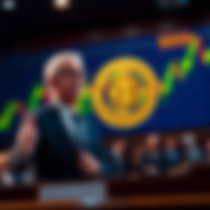 Jerome Powell at a podium during his last Federal Reserve meeting, with a graph showing Bitcoin prices near $80k in the background