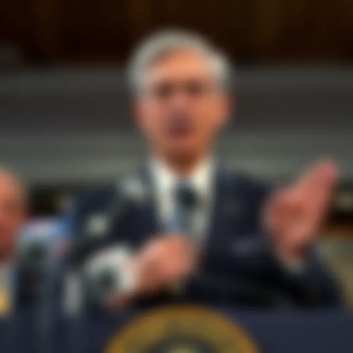 Fed Chair Jerome Powell discusses inflation concerns at a podium with microphones