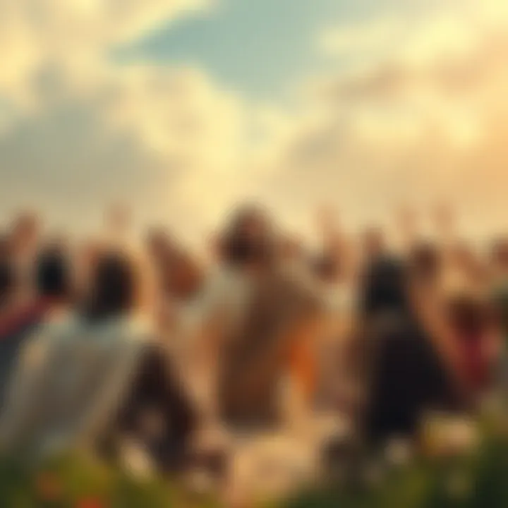 A serene scene of Jesus surrounded by diverse people, sharing messages of compassion and conflict resolution, with symbols of peace in the background.