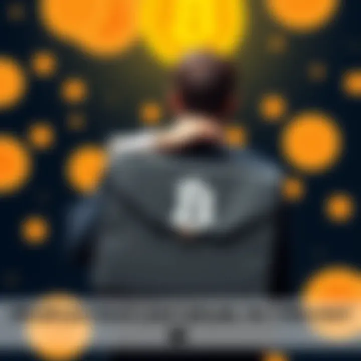 A person holding a briefcase with Bitcoin symbols in the background, contemplating a job offer