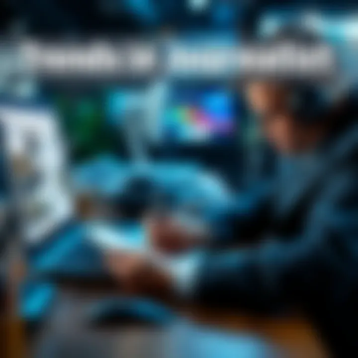 Trends in Journalism A journalist writing notes on a notepad while looking at articles on a laptop screen