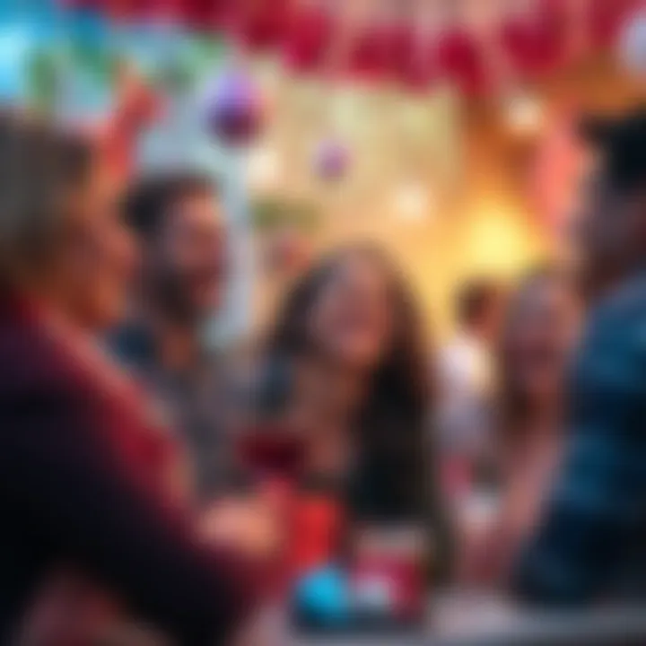 People enjoying a festive gathering, sharing smiles and laughter, surrounded by colorful decorations and joyful moments.