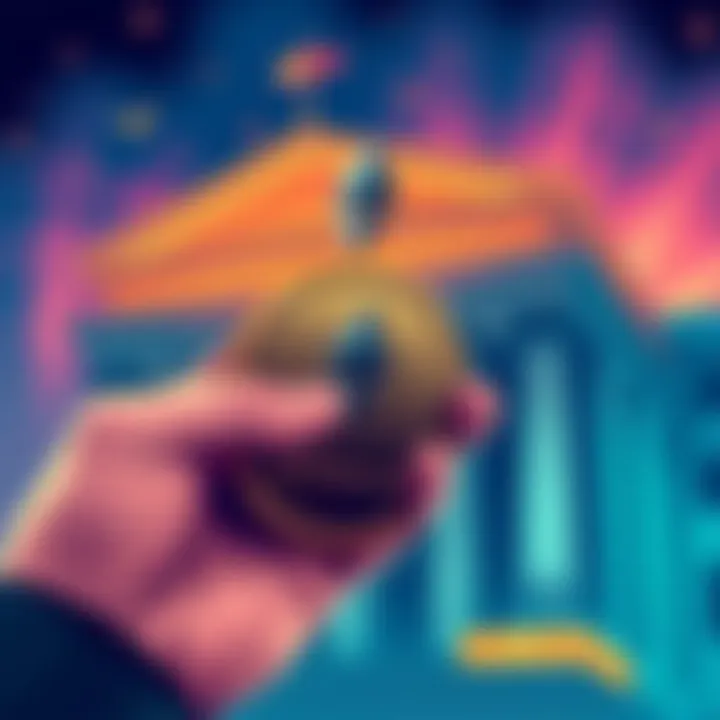 Illustration of a person holding Ethereum coins with a bank building in the background, symbolizing crypto-backed loans from JPMorgan.