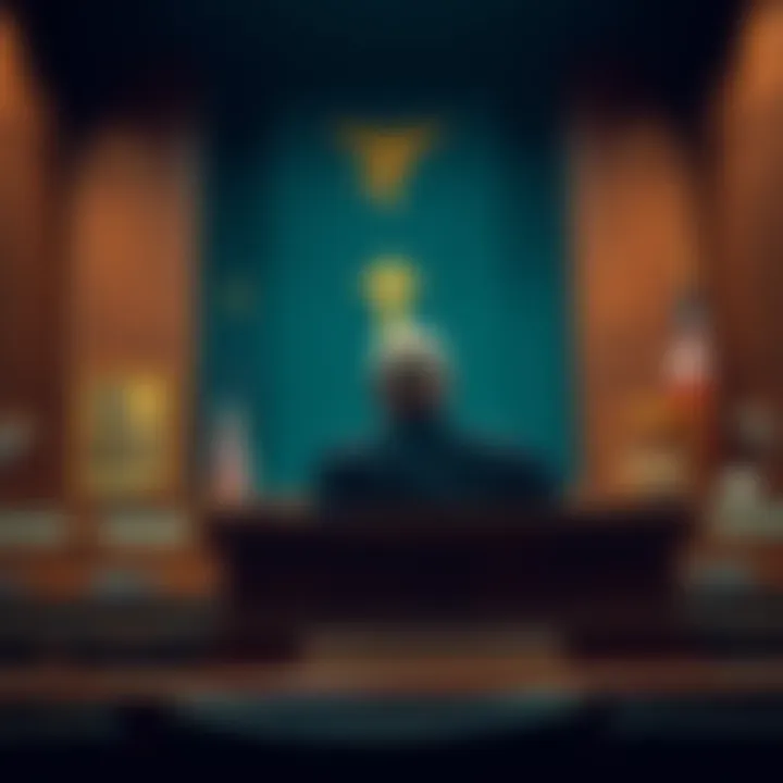 A judge sitting at the bench in a courtroom, looking concerned about the trial proceedings.
