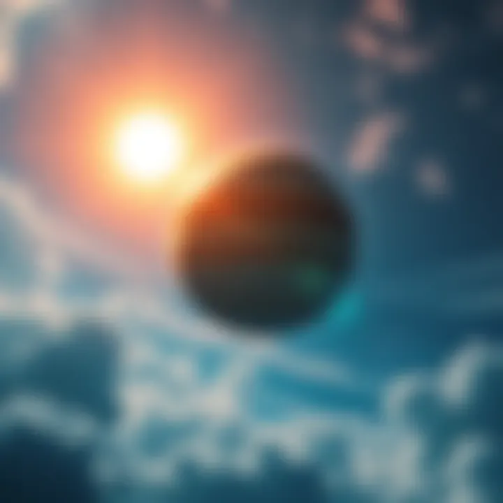 A vivid depiction of Jupiter in a sky lit by two bright suns, showing swirling clouds and vibrant colors.