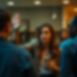 A woman named Karen in a casual setting raises her hand, looking curious and slightly confrontational while people around her appear surprised and engaged in discussion.