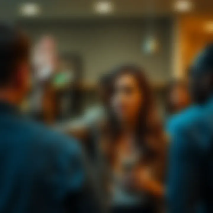 A woman named Karen in a casual setting raises her hand, looking curious and slightly confrontational while people around her appear surprised and engaged in discussion.