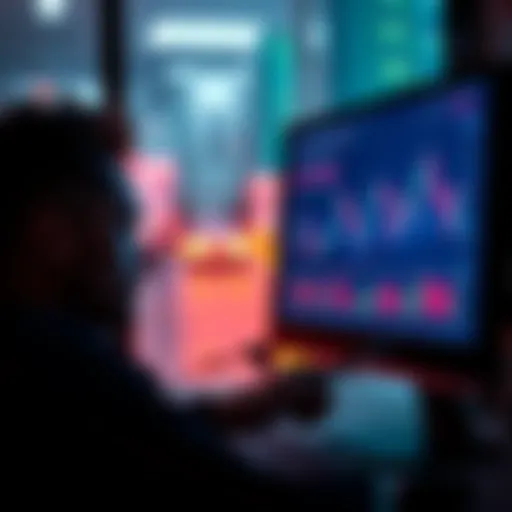 A person looking at a chart showing KAS price movements on a computer screen, contemplating buying more KAS or holding their current assets.