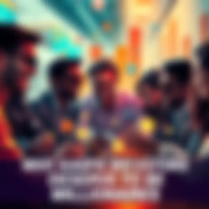 Group of enthusiastic investors discussing their aspirations for millionaire status with charts and social media icons around them