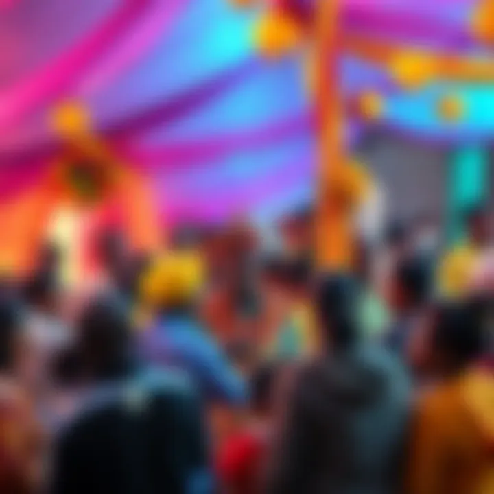 Members of the Kendu community gather at a vibrant event featuring a new Mango flavor launch, with colorful decorations and people engaged in activities.