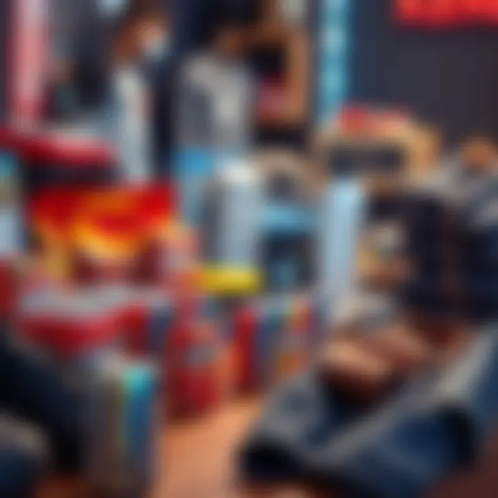 A display of Kendu's products including coffee, energy drinks, and clothing showcasing affordable prices