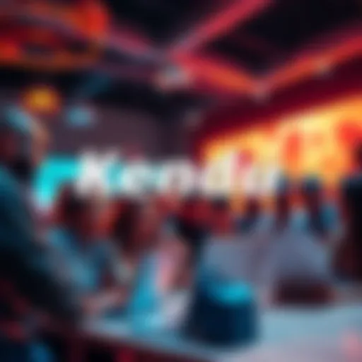 A group of people enthusiastically discussing and promoting Kendu, with laptops and phones, showing teamwork and engagement in a vibrant setting.