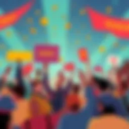Kendu Memecoin Community A vibrant illustration of the Kendu memecoin community celebrating together, showcasing a positive and energetic atmosphere with people holding up signs and tokens.