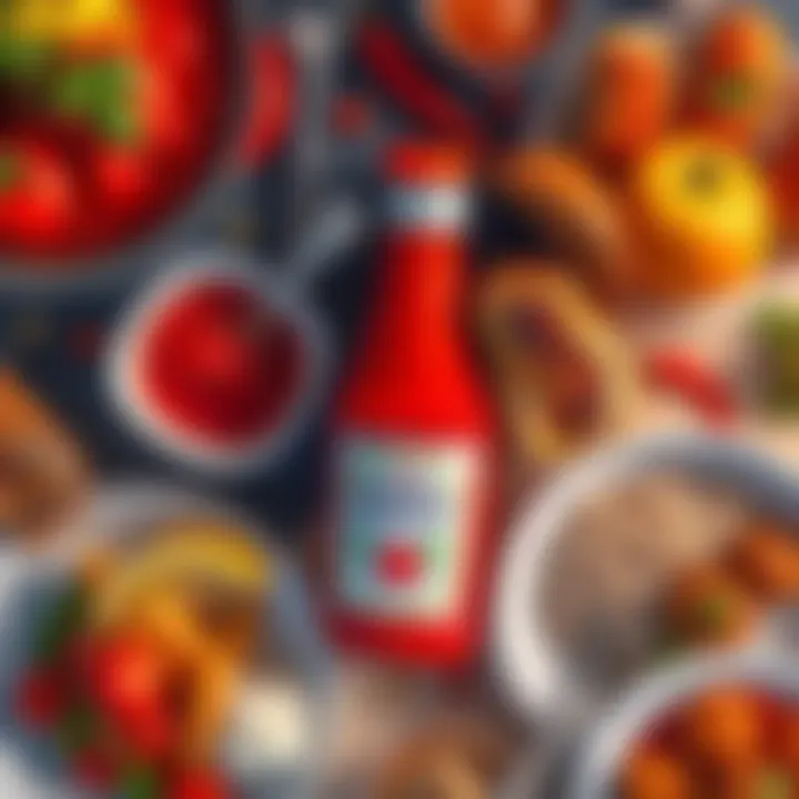 A vibrant tomato ketchup bottle surrounded by delicious dishes, showcasing its role as a key ingredient in various cuisines.
